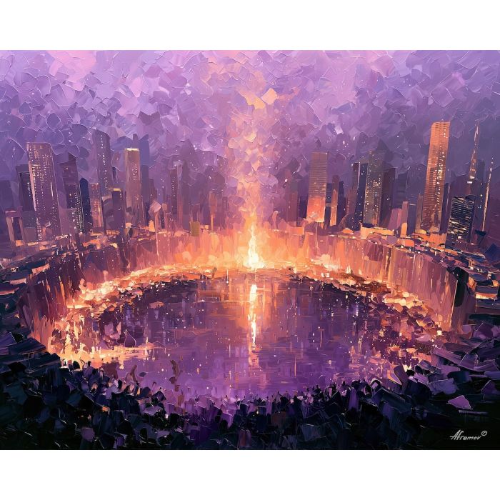 lavender cauldron, crater around, lavender cauldron art, dream city painting, fantasy cityscape, afremov style art, palette knife city, thick brush strokes, heavy impasto painting, broad city shapes