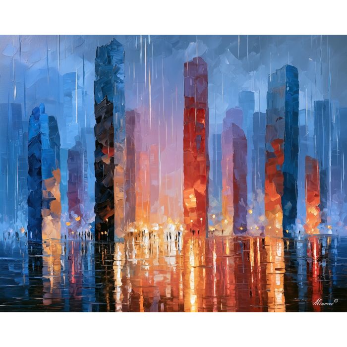 bluefall monoliths, monolith stones, bluefall monoliths art, fantasy wall art, no signature art, soft edge cityscape, rainlit fantasy city, textured oil painting, dream city painting, fantasy cityscape