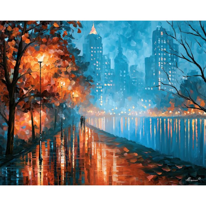 auburn glasshaven, glass haven, auburn glasshaven art, afremov style art, palette knife city, thick brush strokes, heavy impasto painting, broad city shapes, minimal detail art, glowing reflections