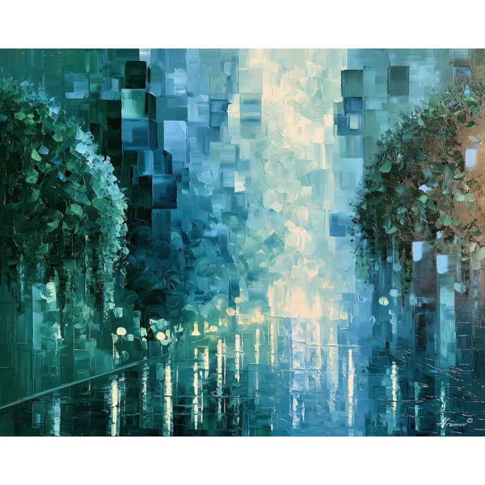 opal gardens, hanging garden, opal gardens art, glowing reflections, colorful wall decor, fantasy wall art, no signature art, soft edge cityscape, rainlit fantasy city, textured oil painting
