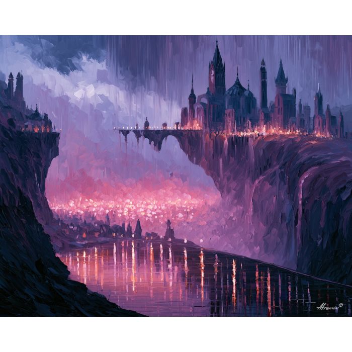 plum aerie, high rounded, plum aerie art, minimal detail art, glowing reflections, colorful wall decor, fantasy wall art, no signature art, soft edge cityscape, rainlit fantasy city