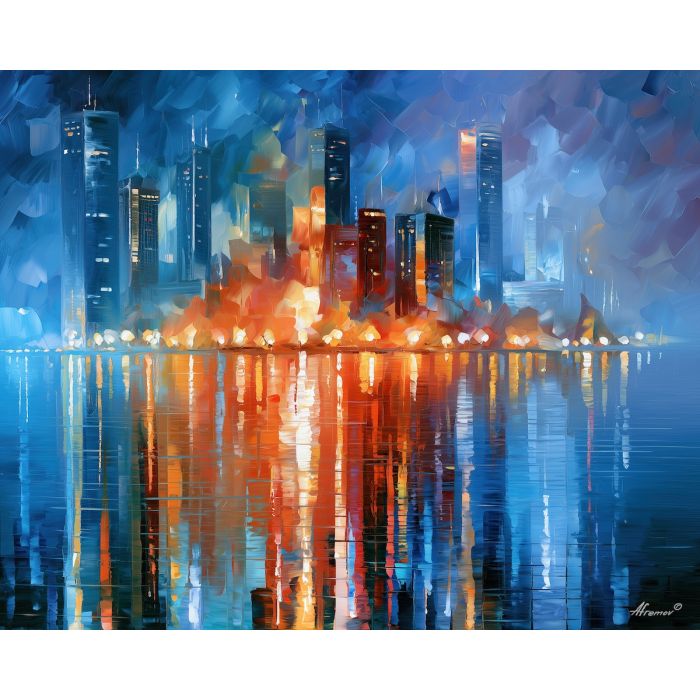 pearl isles, floating held, pearl isles art, afremov style art, palette knife city, thick brush strokes, heavy impasto painting, broad city shapes, minimal detail art, glowing reflections