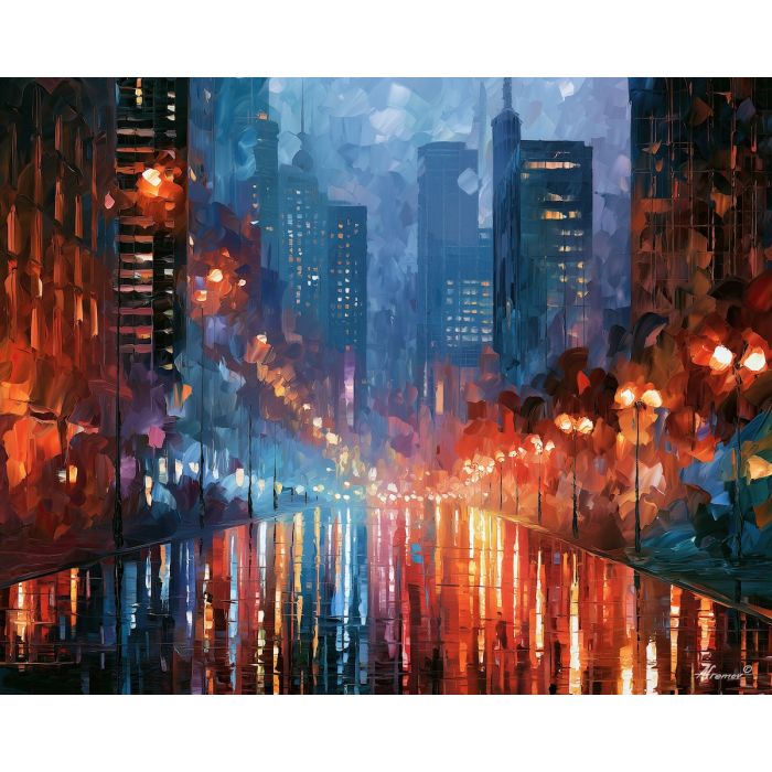 rainroot boulevard, reduced wet, rainroot boulevard art, broad city shapes, minimal detail art, glowing reflections, colorful wall decor, fantasy wall art, no signature art, soft edge cityscape
