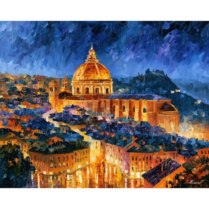 ancient goldenroof, rainlit indigo, ancient goldenroof art, afremov style art, palette knife city, thick brush strokes, heavy impasto painting, broad city shapes, minimal detail art, glowing reflections