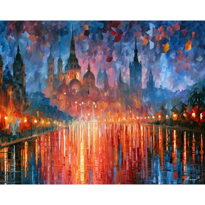 meridian cathedral, like skyline, meridian cathedral art, soft edge cityscape, rainlit fantasy city, textured oil painting, dream city painting, fantasy cityscape, afremov style art, palette knife city