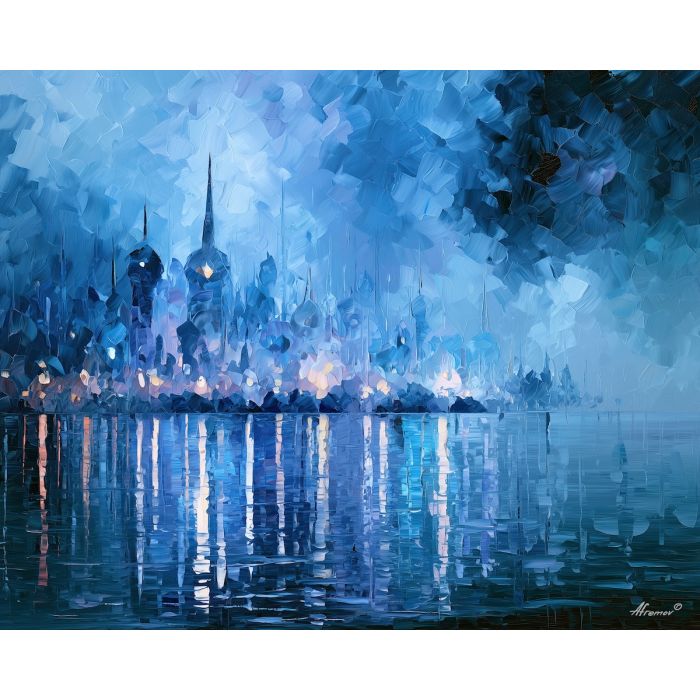 bellfire crystalport, crystal port, bellfire crystalport art, no signature art, soft edge cityscape, rainlit fantasy city, textured oil painting, dream city painting, fantasy cityscape, afremov style art