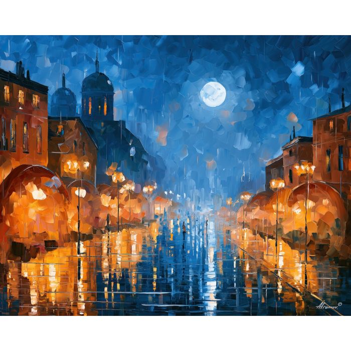 emberwick moonmarket, moon market, emberwick moonmarket art, rainlit fantasy city, textured oil painting, dream city painting, fantasy cityscape, afremov style art, palette knife city, thick brush strokes