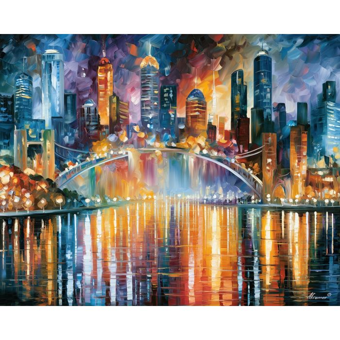 rainbow skybridge, linked floating, rainbow skybridge art, dream city painting, fantasy cityscape, afremov style art, palette knife city, thick brush strokes, heavy impasto painting, broad city shapes