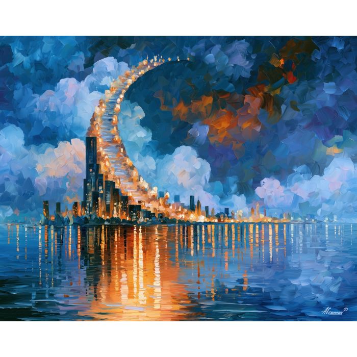 crescent cloudstair, cloud stair, crescent cloudstair art, rainlit fantasy city, textured oil painting, dream city painting, fantasy cityscape, afremov style art, palette knife city, thick brush strokes