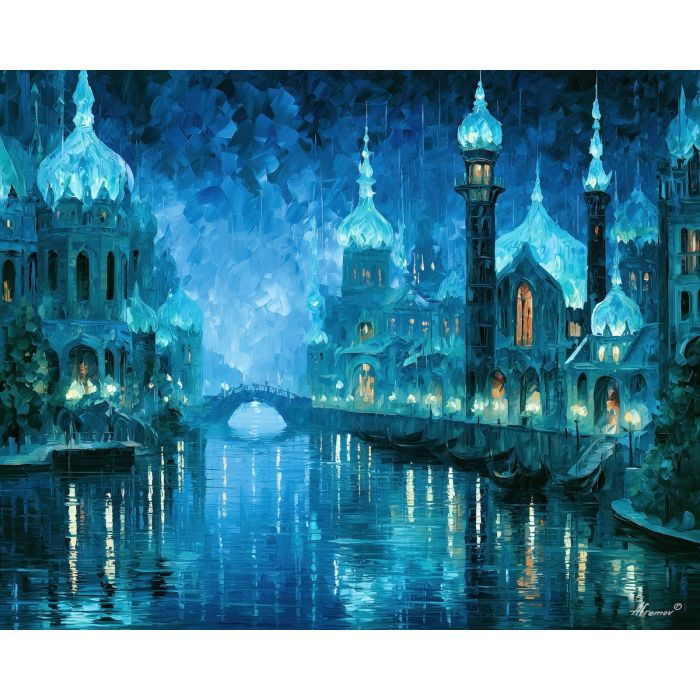 crystal lagoons, lagoon streets, crystal lagoons art, colorful wall decor, fantasy wall art, no signature art, soft edge cityscape, rainlit fantasy city, textured oil painting, dream city painting