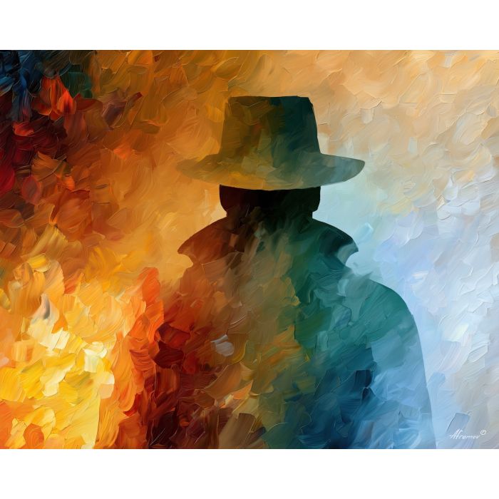 misted hat, silhouette fading, misted hat art, people oil painting, palette knife portrait, thick brush strokes, hidden face art, silhouette painting, contour figure art, faceless figure