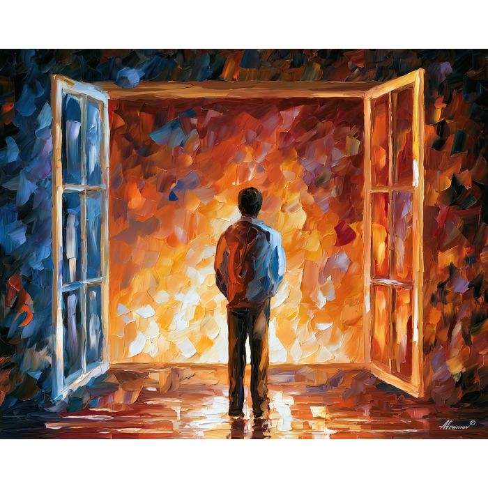 window back, view framed, window back art, shadow figure art, back view painting, unrecognizable figure, people oil painting, palette knife portrait, thick brush strokes, hidden face art