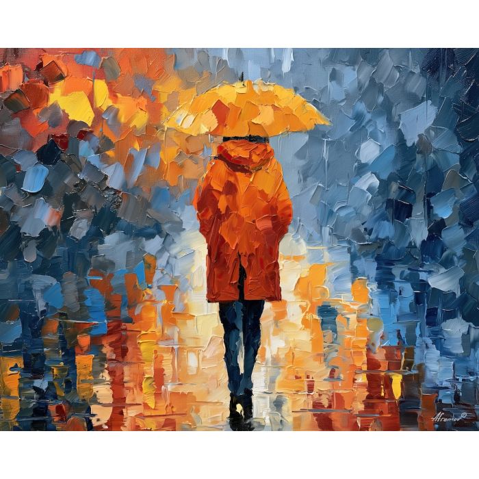 rain coat, rain coat art, afremov inspired, minimal detail art, mysterious figure, shadow figure art, back view painting, unrecognizable figure, people oil painting, palette knife portrait
