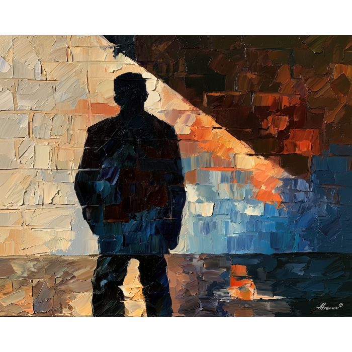 wall shadow, appearing cast, wall shadow art, textured oil painting, afremov inspired, minimal detail art, mysterious figure, shadow figure art, back view painting, unrecognizable figure