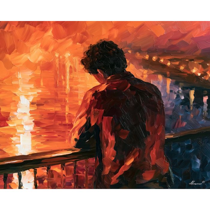 balcony back, facing leaning, balcony back art, faceless figure, expressive wall art, textured oil painting, afremov inspired, minimal detail art, mysterious figure, shadow figure art