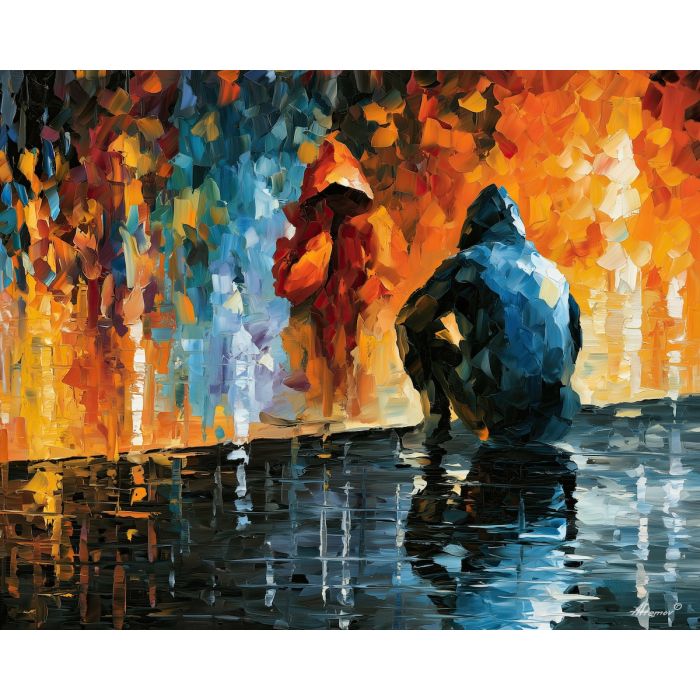 hood reflection, hooded reflected, hood reflection art, afremov inspired, minimal detail art, mysterious figure, shadow figure art, back view painting, unrecognizable figure, people oil painting