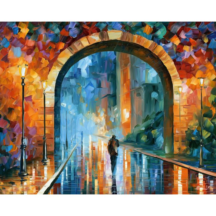 archway contour, crossing loose, archway contour art, faceless figure, expressive wall art, textured oil painting, afremov inspired, minimal detail art, mysterious figure, shadow figure art