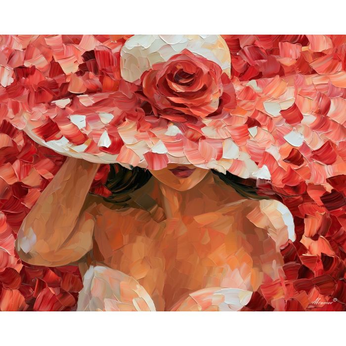 rose hat, colored brim, rose hat art, silhouette painting, contour figure art, faceless figure, expressive wall art, textured oil painting, afremov inspired, minimal detail art