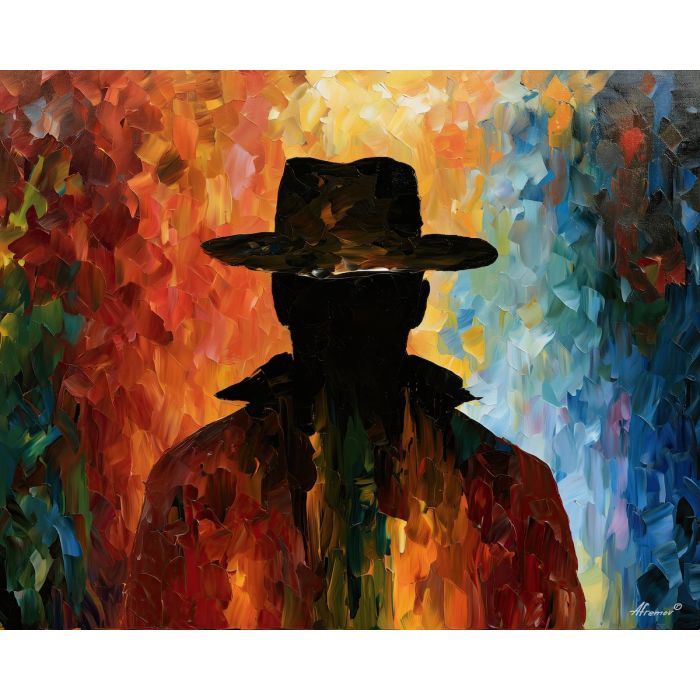 hat silhouette, wide dark, hat silhouette art, thick brush strokes, hidden face art, silhouette painting, contour figure art, faceless figure, expressive wall art, textured oil painting