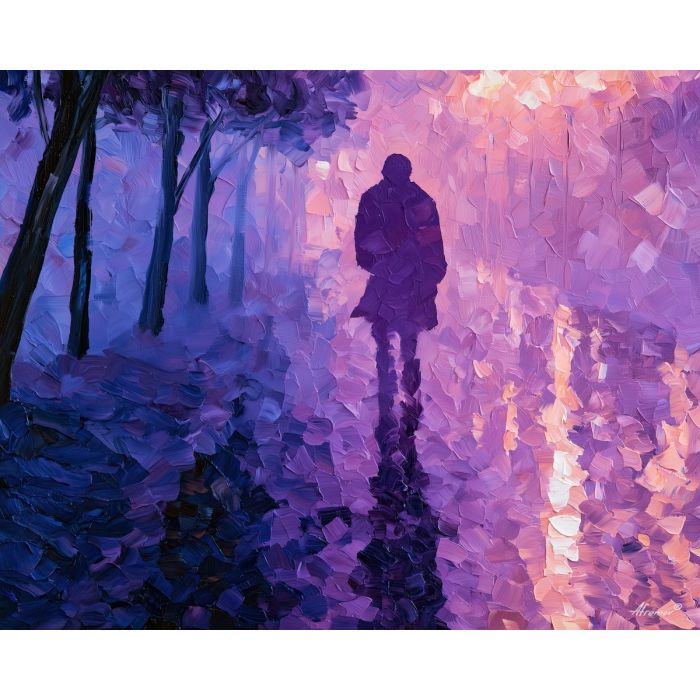 lilac shadow, lilac shadow art, unrecognizable figure, people oil painting, palette knife portrait, thick brush strokes, hidden face art, silhouette painting, contour figure art, faceless figure