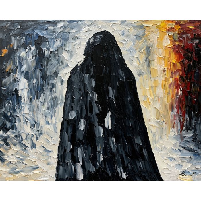 black veil, black veil art, expressive wall art, textured oil painting, afremov inspired, minimal detail art, mysterious figure, shadow figure art, back view painting, unrecognizable figure