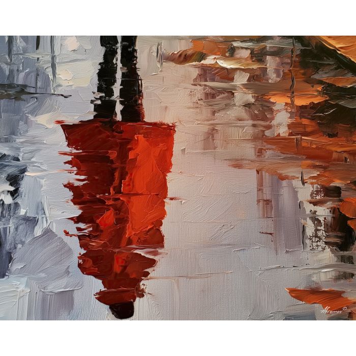 reflected coat, rain puddle, reflected coat art, palette knife portrait, thick brush strokes, hidden face art, silhouette painting, contour figure art, faceless figure, expressive wall art