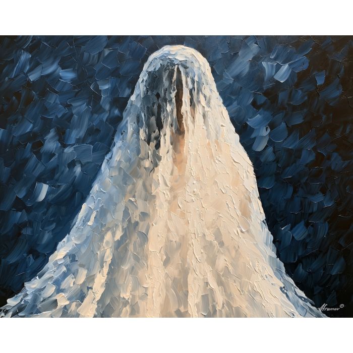 pearl veil, obscured colored, pearl veil art, back view painting, unrecognizable figure, people oil painting, palette knife portrait, thick brush strokes, hidden face art, silhouette painting