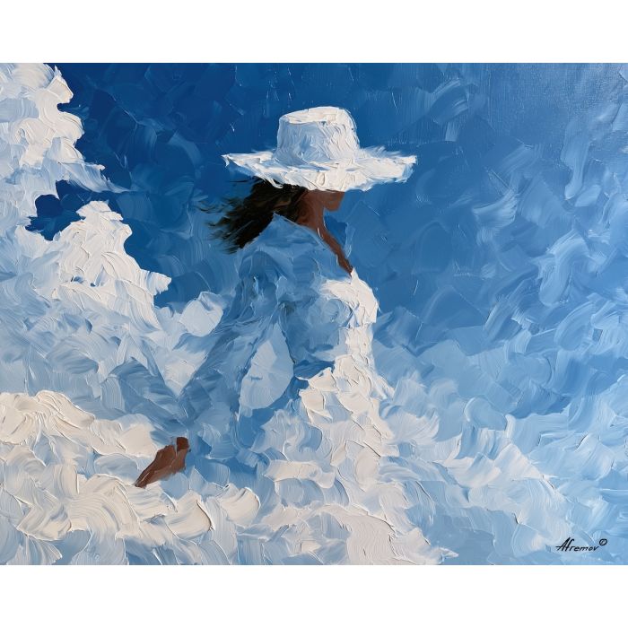 cloud whose, edges dissolve, cloud figure art, silhouette painting, contour figure art, faceless figure, expressive wall art, textured oil painting, afremov inspired, minimal detail art