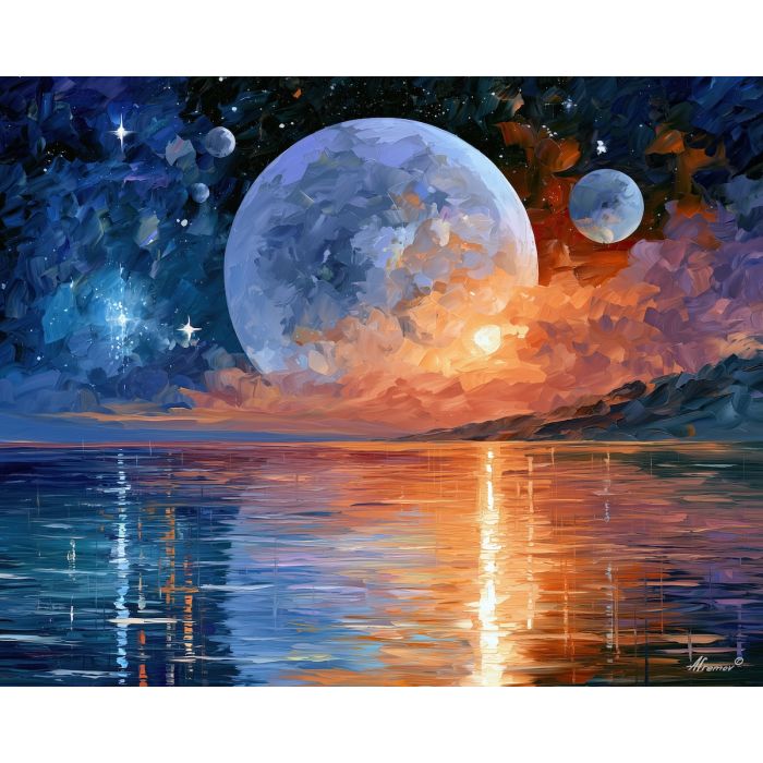 galaxies remember, water celestial, galaxies remember the water art, colorful oil painting, soft edge painting, celestial wall art, whimsical painting, moon and stars, dreamy sky art, palette knife art