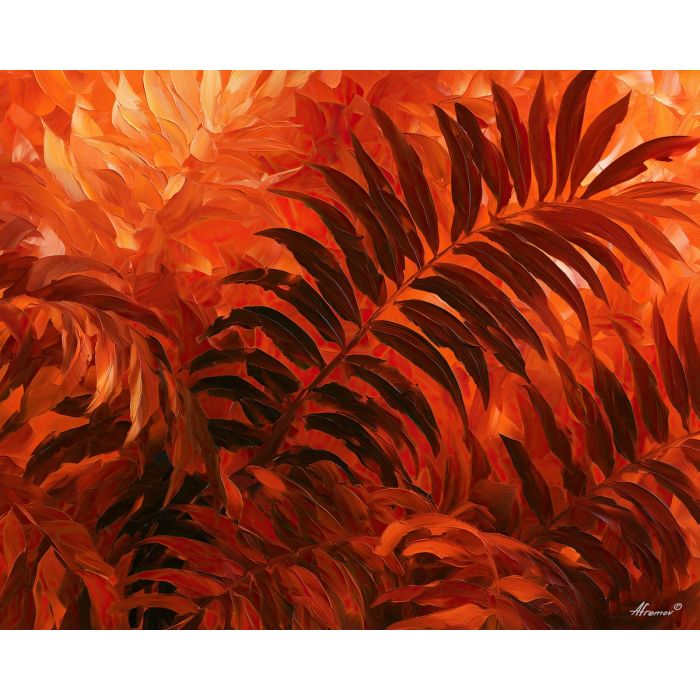 ferns whisper, orange dark, ferns whisper in orange art, afremov inspired, dark floral decor, large leaf painting, dark botanical art, moody floral painting, oversized botanicals, palette knife flowers