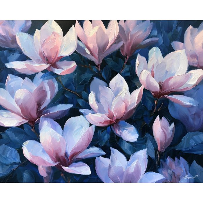 magnolias chase, echo dark, magnolias chase a soft echo art, palette knife flowers, thick brush strokes, textured oil painting, dramatic wall decor, plant wall art, minimal detail art, afremov inspired