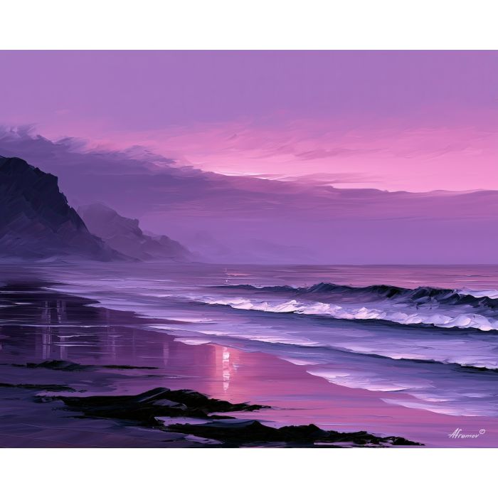 waves melt, violet mystic, waves melt into violet art, coastal wall art, palette knife seascape, thick brush strokes, glowing water art, dreamy beach painting, minimal detail art, afremov inspired