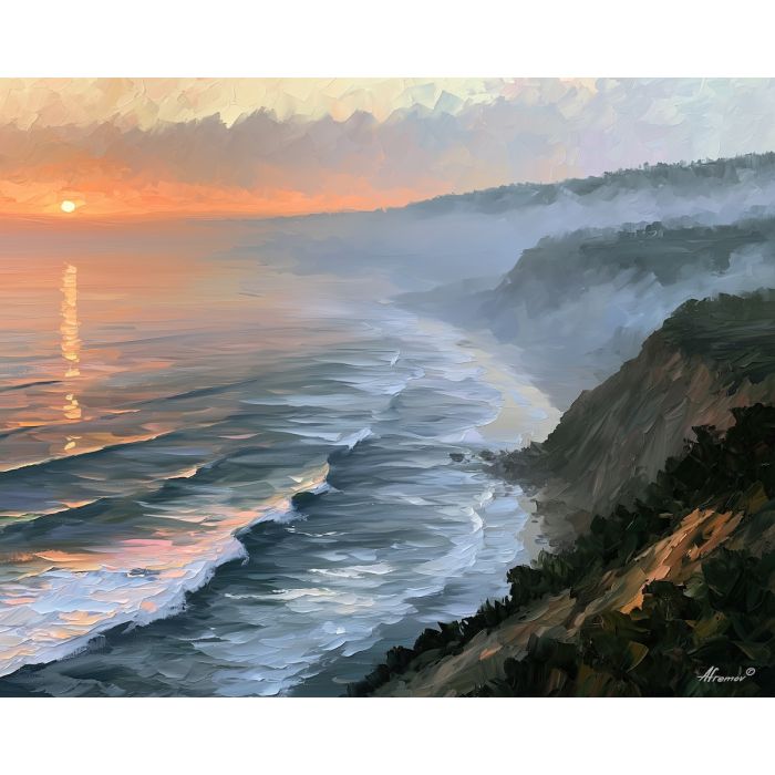 cliffs leave, without maps, cliffs leave without maps art, mystic seascape, coastal wall art, palette knife seascape, thick brush strokes, glowing water art, dreamy beach painting, minimal detail art