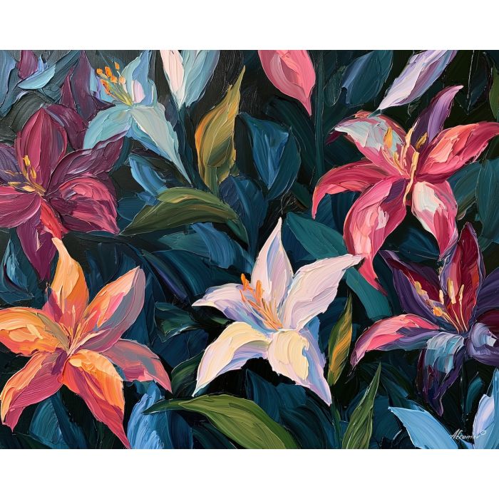 lilies save, strange glow, lilies save the strange glow art, oversized botanicals, palette knife flowers, thick brush strokes, textured oil painting, dramatic wall decor, plant wall art, minimal detail art