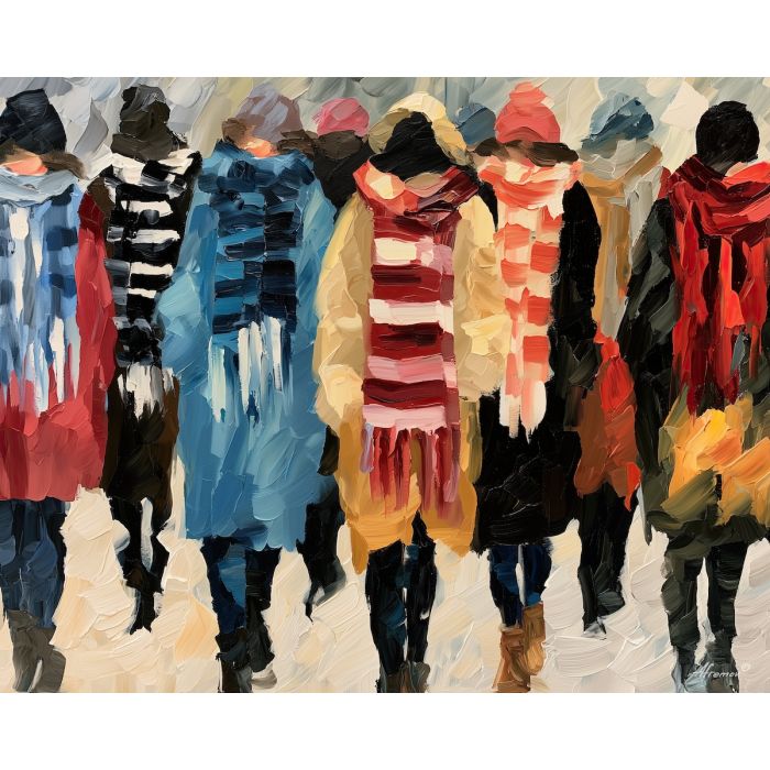 scarves lose, silver edge, scarves lose a silver edge art, palette knife portrait, thick brush strokes, faceless figure art, mysterious wall art, minimal detail art, afremov inspired, back view painting