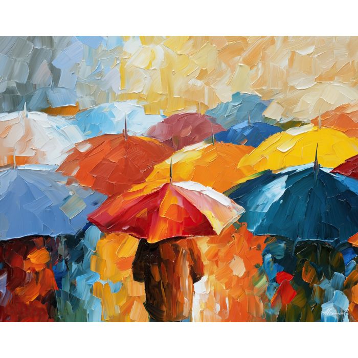 umbrellas hide, small sun, umbrellas hide a small sun art, thick brush strokes, faceless figure art, mysterious wall art, minimal detail art, afremov inspired, back view painting, contour figure art