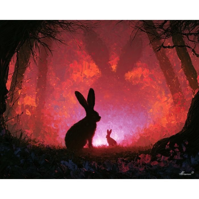 hares slide, dreamlight mythic, hares slide into dreamlight art, textured oil painting, mystical wildlife art, animal wall art, broad animal shape, mythic animal art, animal silhouette, fantasy animal painting