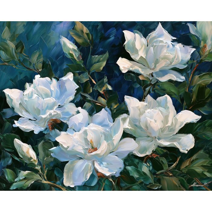 magnolias rest, inside dark, magnolias rest inside color art, thick brush strokes, textured oil painting, dramatic wall decor, plant wall art, minimal detail art, afremov inspired, dark floral decor