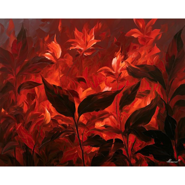 leaves carry, hidden fire, leaves carry a hidden fire art, palette knife flowers, thick brush strokes, textured oil painting, dramatic wall decor, plant wall art, minimal detail art, afremov inspired