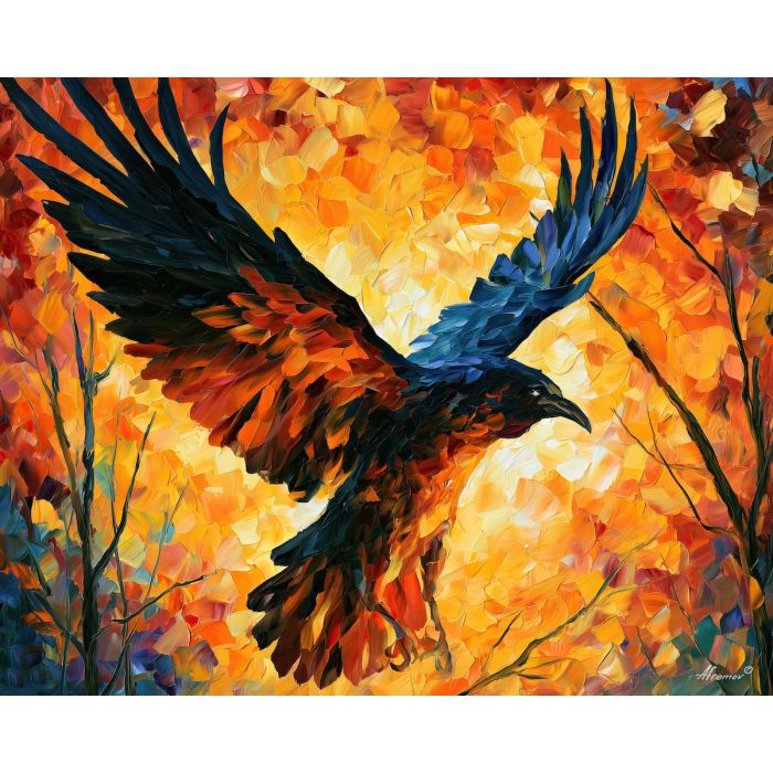 ravens raise, cloud mythic, ravens raise a cloud of color art, glowing wall decor, minimal detail art, afremov inspired, textured oil painting, mystical wildlife art, animal wall art, broad animal shape