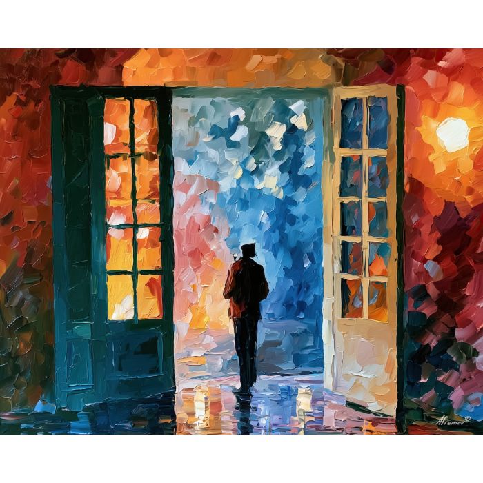windows keep, morning odd, windows keep the morning odd art, thick brush strokes, faceless figure art, mysterious wall art, minimal detail art, afremov inspired, back view painting, contour figure art