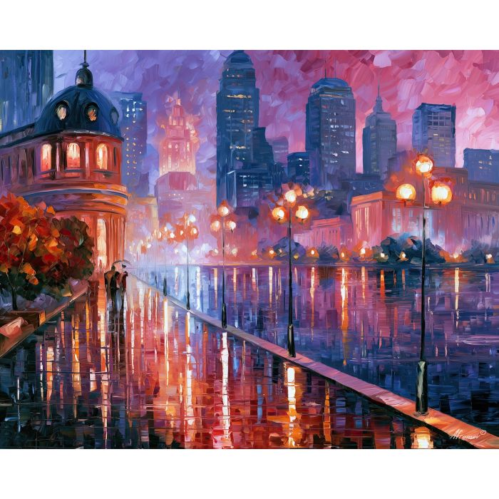 promenades melt, violet art, promenades melt into violet art, glowing reflections, curved architecture, dream city painting, minimal detail art, afremov inspired, textured oil painting, city wall art