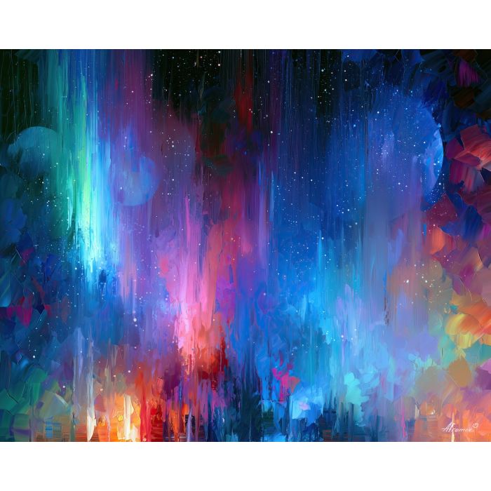 auroras hold, piece sky, auroras hold a piece of sky art, palette knife art, thick brush strokes, glowing wall decor, fantasy sky painting, minimal detail art, afremov inspired, colorful oil painting