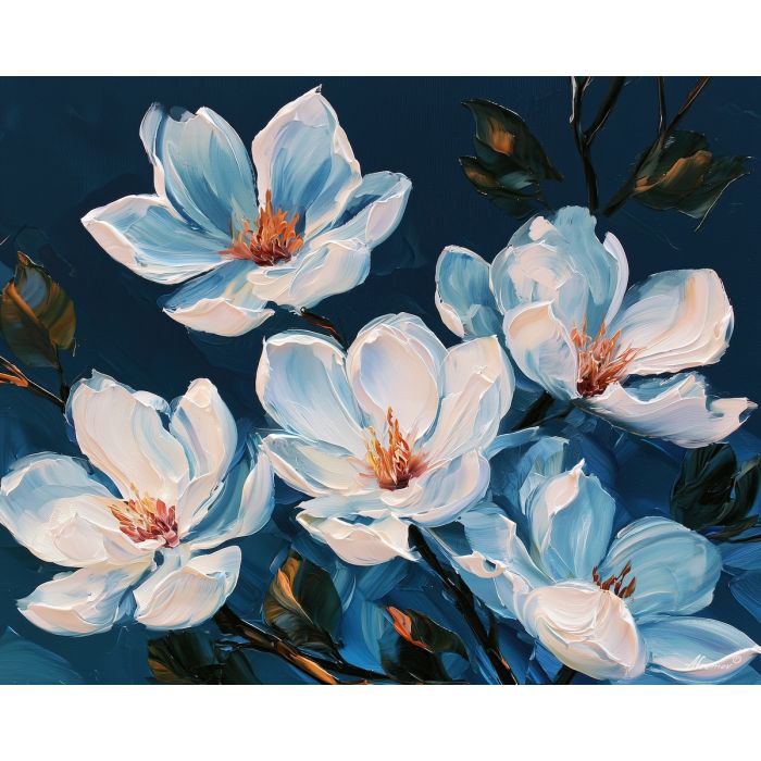 magnolias paint, air dark, magnolias paint the air art, oversized botanicals, palette knife flowers, thick brush strokes, textured oil painting, dramatic wall decor, plant wall art, minimal detail art