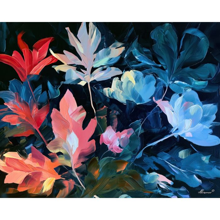blooms leave, without maps, blooms leave without maps art, moody floral painting, oversized botanicals, palette knife flowers, thick brush strokes, textured oil painting, dramatic wall decor, plant wall art