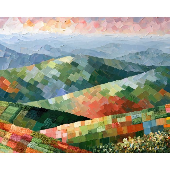 quilted hill, listens rainlight, quilted hill listens rainlight art, fiber art look, soft stitch art, crochet inspired art, embroidered landscape, textured wall decor, palette knife painting, thick brush strokes