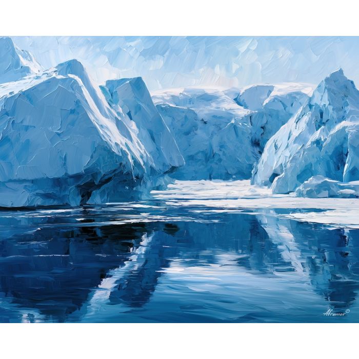 winter mirror, paints jadeweather, winter mirror paints jadeweather art, frozen seascape, winter wall art, glacial decor, cool blue art, glacier wall art, icy landscape painting, palette knife landscape