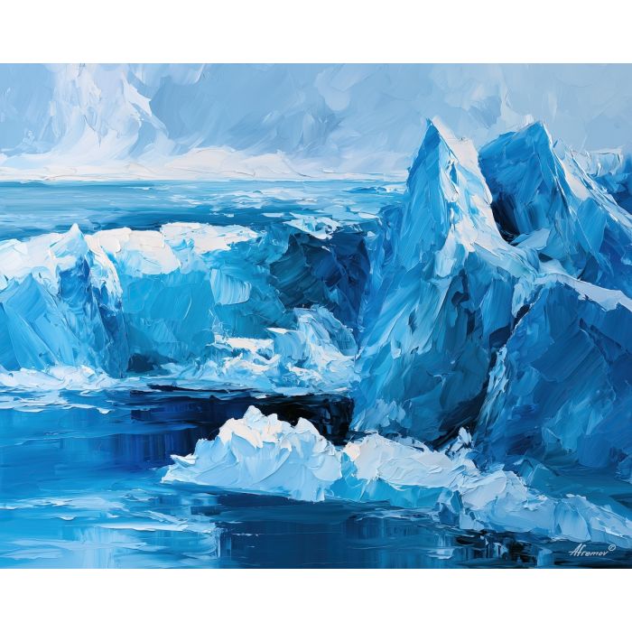 glacier pool, hides silverbloom, glacier pool hides silverbloom art, icy landscape painting, palette knife landscape, thick brush strokes, blue wall decor, minimal detail art, textured oil painting, afremov inspired