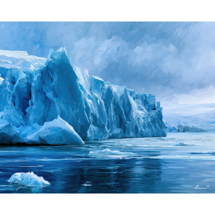 blueice fjord, turns cloudhoney, blueice fjord turns cloudhoney art, winter wall art, glacial decor, cool blue art, glacier wall art, icy landscape painting, palette knife landscape, thick brush strokes