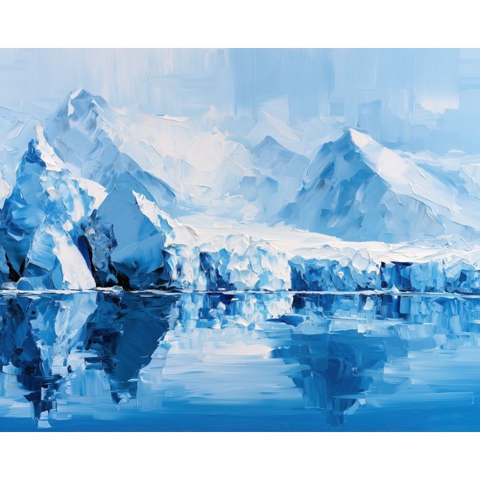 glacier mirror, hides jadeweather, glacier mirror hides jadeweather art, palette knife landscape, thick brush strokes, blue wall decor, minimal detail art, textured oil painting, afremov inspired, frozen seascape